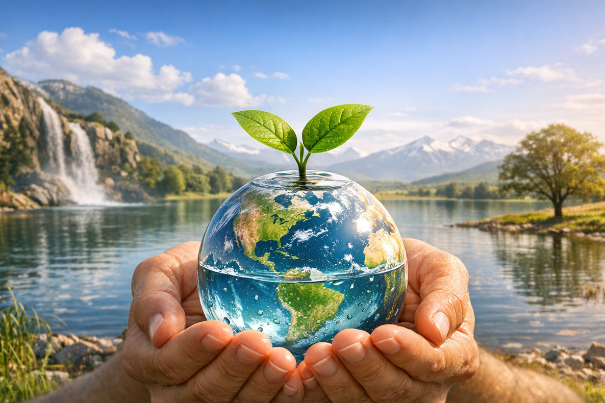 Conceptual image of a water-filled earth globe and a growing plant, symbolizing Veriforce Ariscu’s commitment to making environmentally responsible worksites and compliance management accessible.